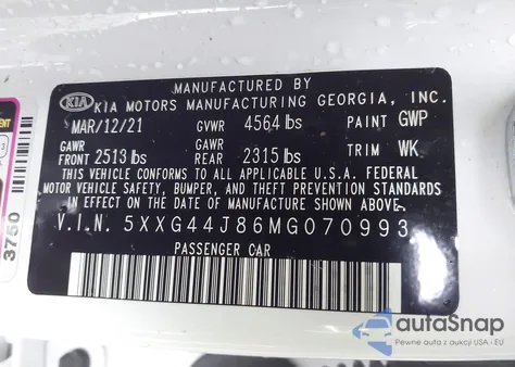 2021 Kia K5 Gt из США, поврежденный, VIN 5XXG44J86MG070993